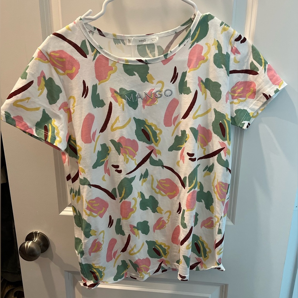 Mango Women's Short Sleeve Floral Tee - Pink, Green, Yellow